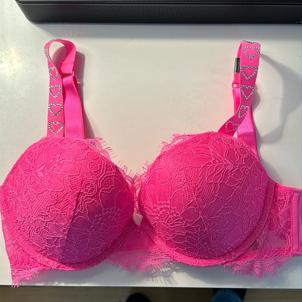 Victoria's Secret Hot Pink Lace Push-Up Bra with Heart-Detail Straps